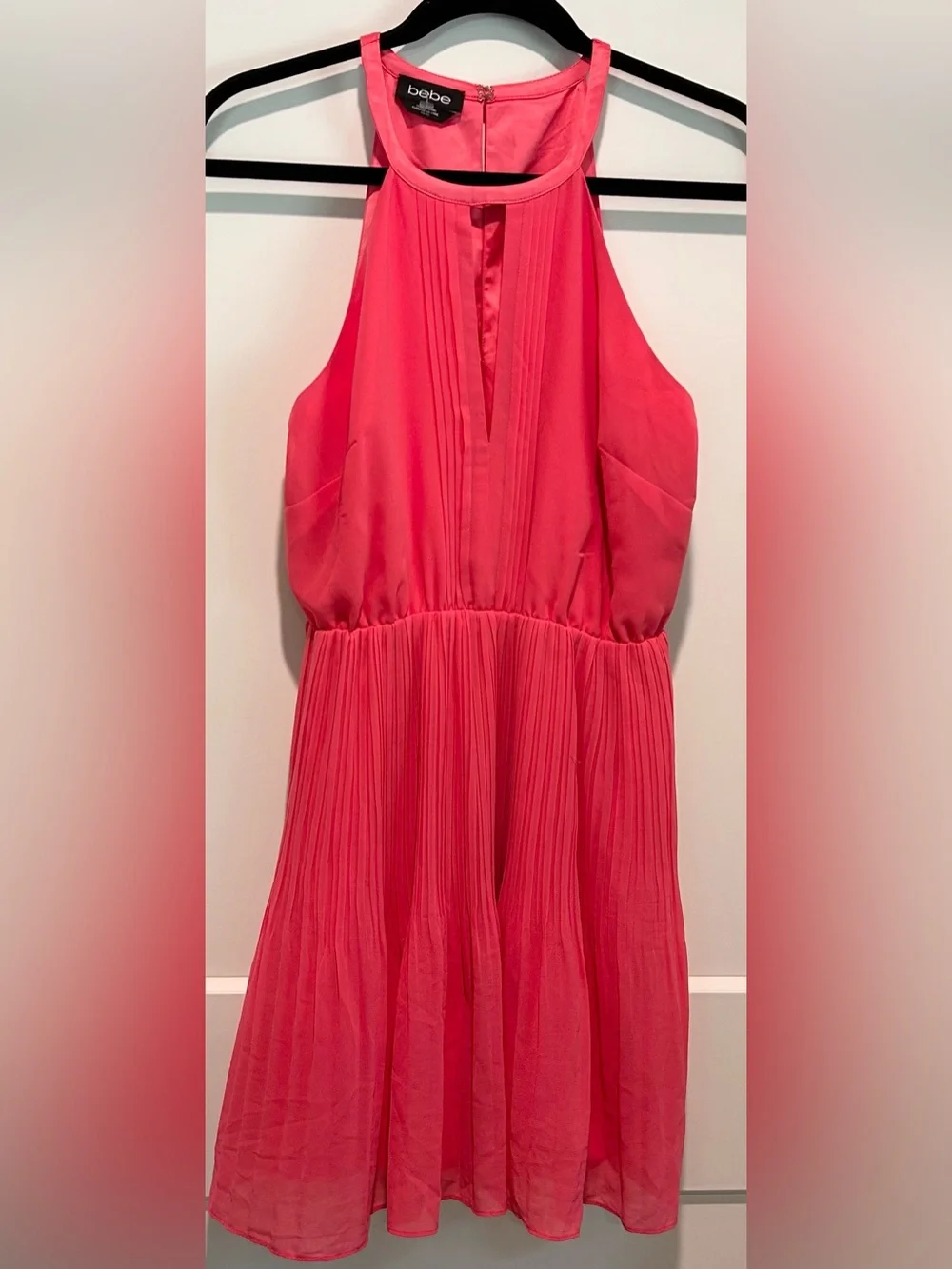 Bebe Coral Pink Pleated Halter Dress XS Fit & Flare Cocktail Party Mini - Picture 3 of 10